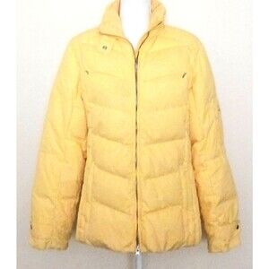 Lands End Down Short Yellow Quilted Puffer Jacket Zip Pockets Sz M